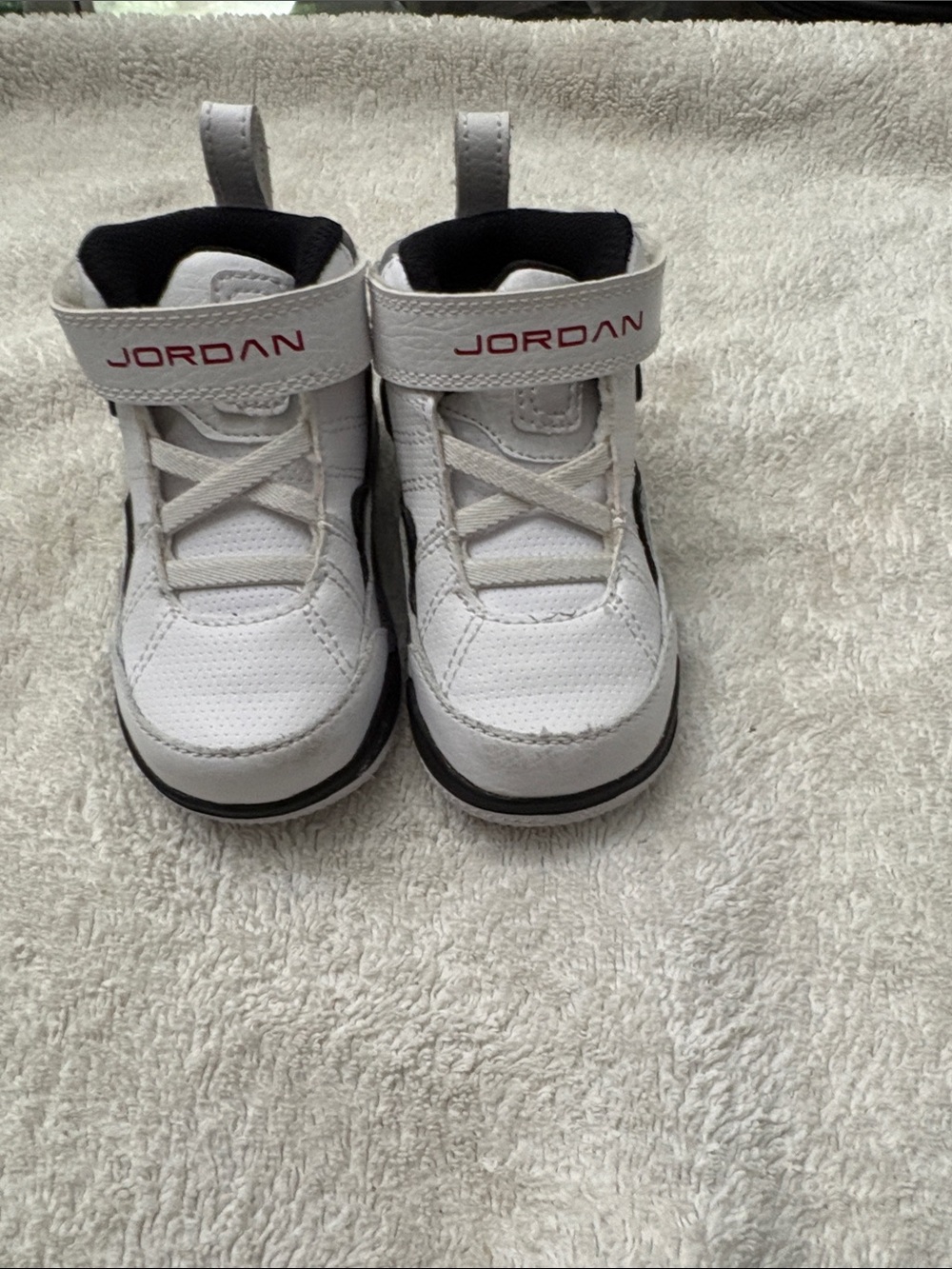 Jordan Kids White, Black and Red Velcro High-Top Sneakers